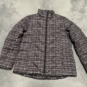 Lands End Down Puffer Jacket Womens Medium 10-12 Black Patterned Coat